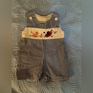 EUC Lion King navy blue and white gingham shortalls. Size 6-12 months